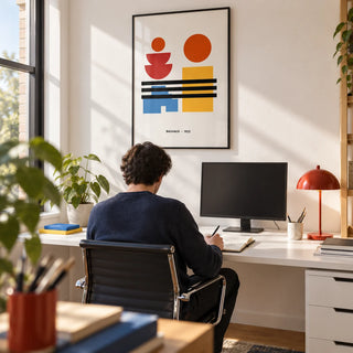 Minamalist Art, framed on the wall of a creative home studio with a white wall in a home office