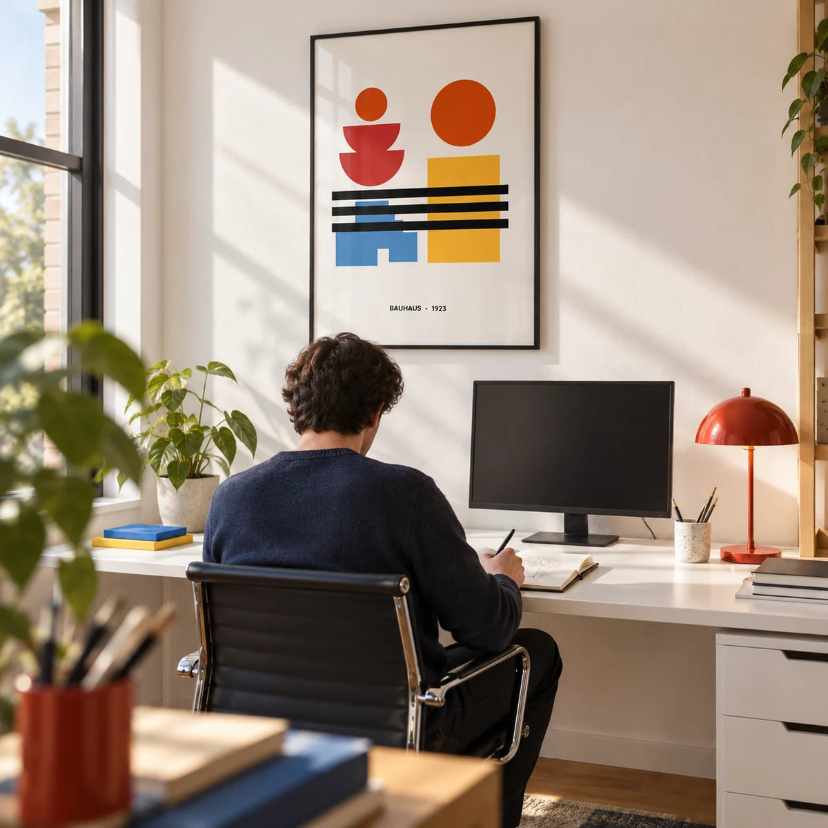 Minamalist Art, framed on the wall of a creative home studio with a white wall in a home office