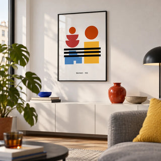 Minamalist Art, framed on the wall of a design-led city-flat living room with a white wall