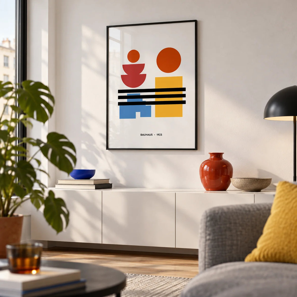 Minamalist Art, framed on the wall of a design-led city-flat living room with a white wall