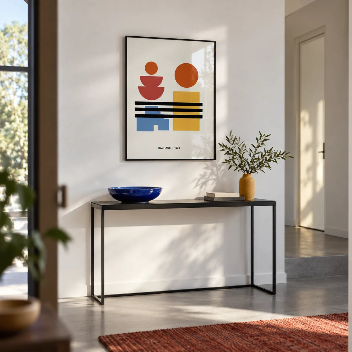 Minamalist Art, framed on the wall of a modern hallway with a white wall and a grey floor