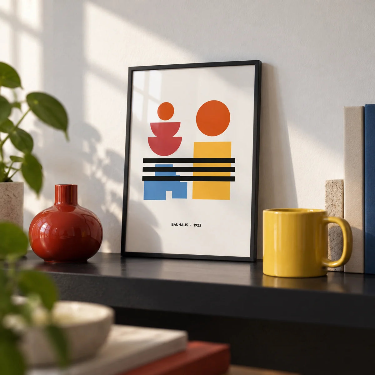 Minamalist Art, a small A4 framed print leaning on a black shelf in a living room