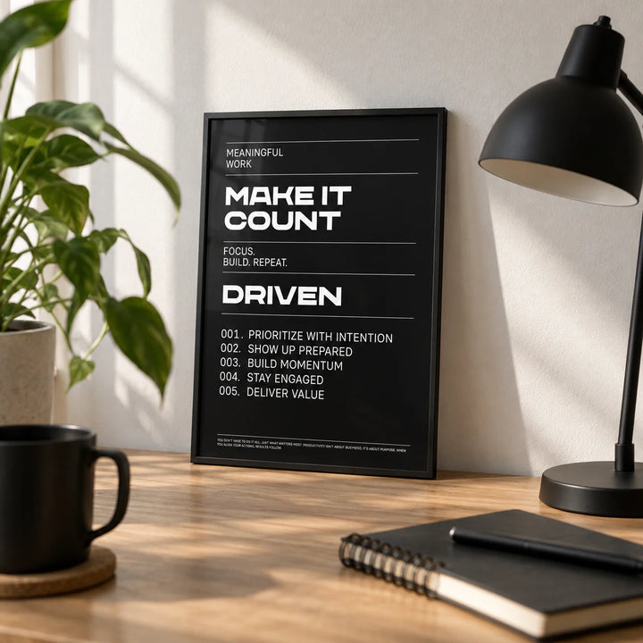Mindset Wall Art, a small A4 framed print leaning on an oak desk