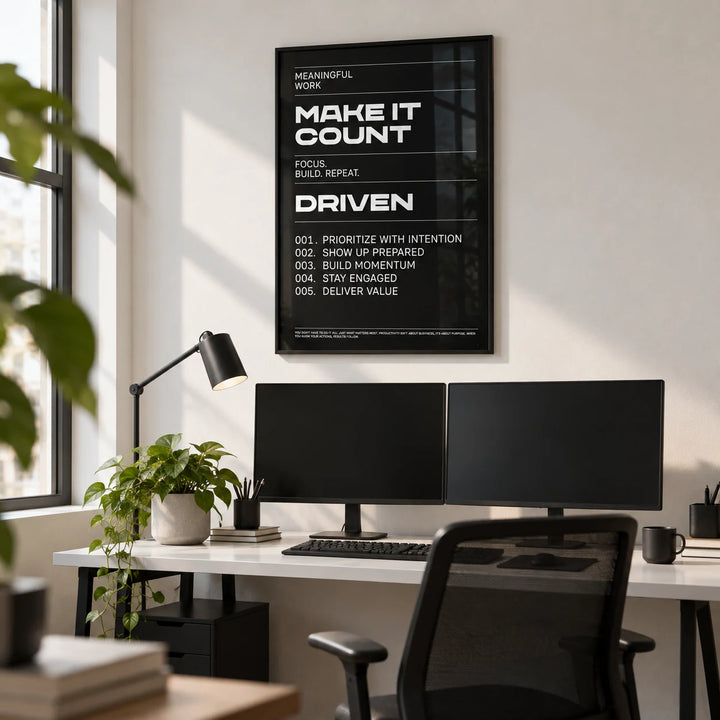 Mindset Wall Art, framed on the wall of a small business office in a converted unit with a white wall