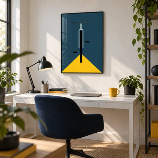 Minimal Bike Poster, framed on the wall of a crisp home office