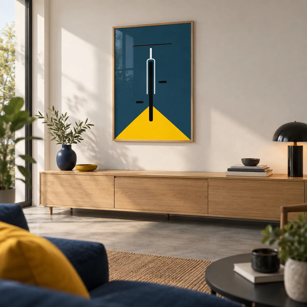 Minimal Bike Poster, framed on the wall of a modern living room