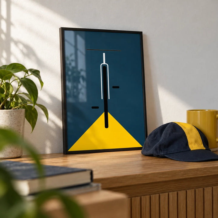 Minimal Bike Poster, a small A4 framed print leaning on an oak shelf in a living room