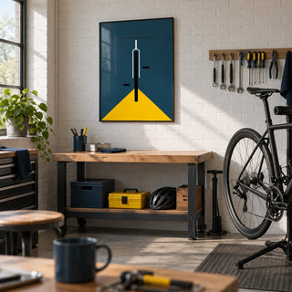 Minimal Bike Poster, framed on the wall of a tidy modern garage workshop