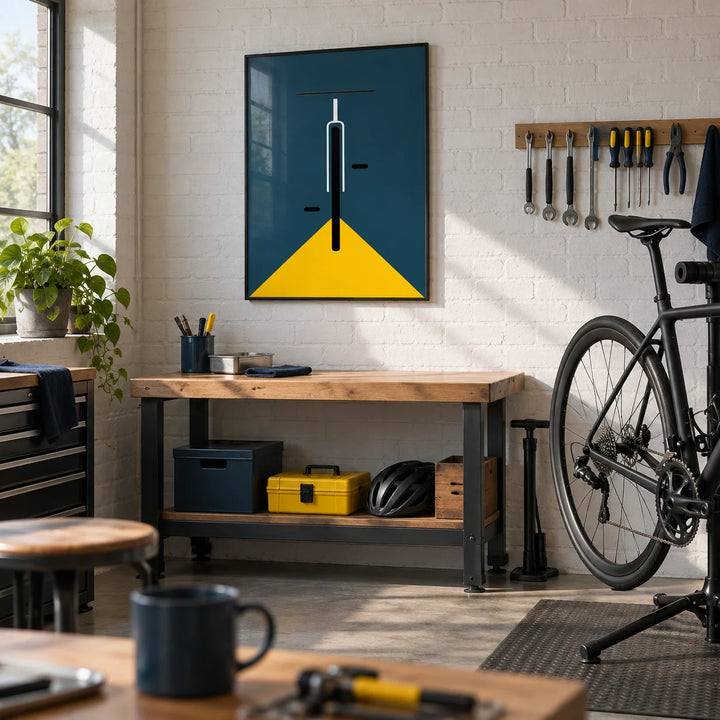 Minimal Bike Poster, framed on the wall of a tidy modern garage workshop