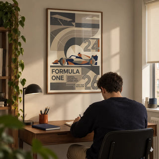 Minimal Geometric Racing Poster, framed on the wall of a compact design-conscious home study in a young adult's UK flat (25-35)