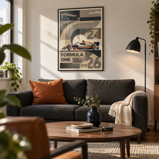 Minimal Geometric Racing Poster, framed on the wall of a modern living room in a motorsport enthusiast's first UK flat (22-28)