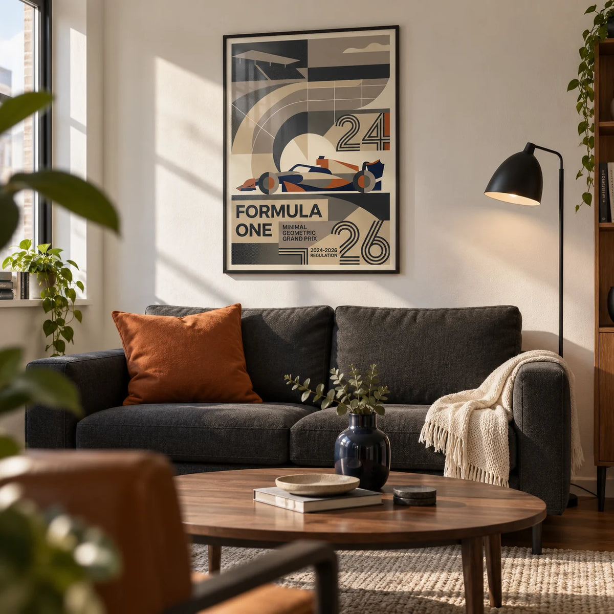 Minimal Geometric Racing Poster, framed on the wall of a modern living room in a motorsport enthusiast's first UK flat (22-28)