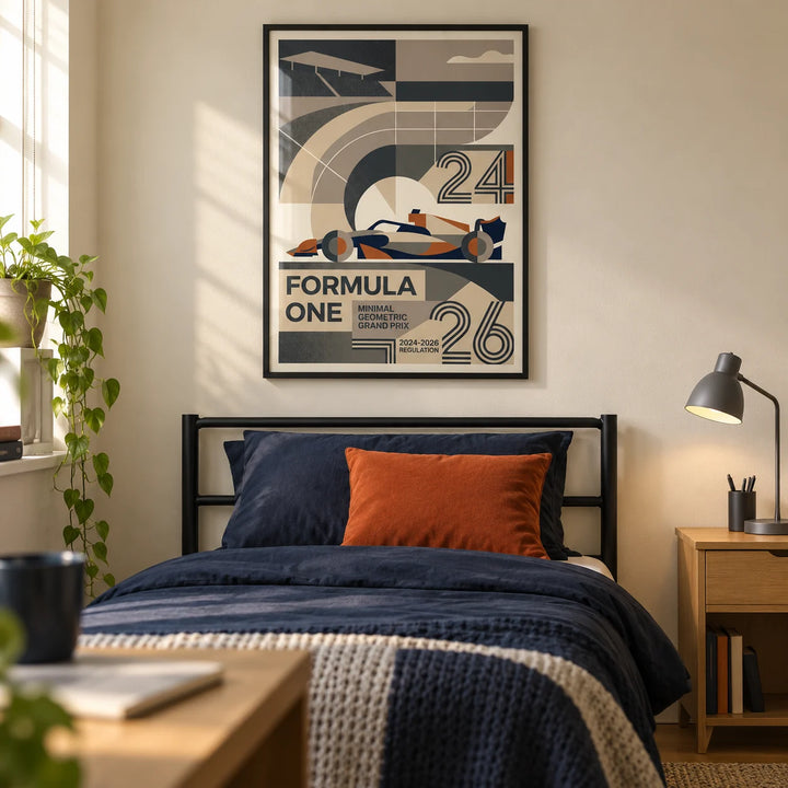 Minimal Geometric Racing Poster, framed on the wall of a modern teenage motorsport fan's single bedroom (13-17) in a UK terraced house with a warm cream wall and oak floor