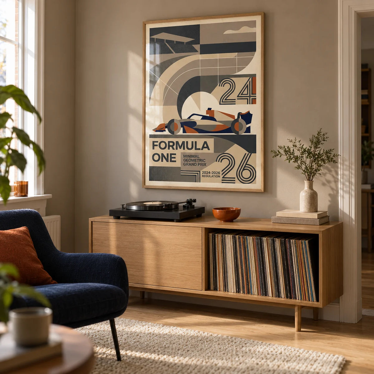 Minimal Geometric Racing Poster, framed on the wall of a retro modern music snug in a UK maisonette in a living room