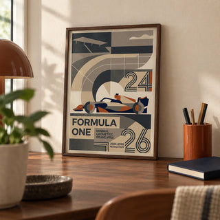 Minimal Geometric Racing Poster, a small A4 framed print leaning on a walnut desk