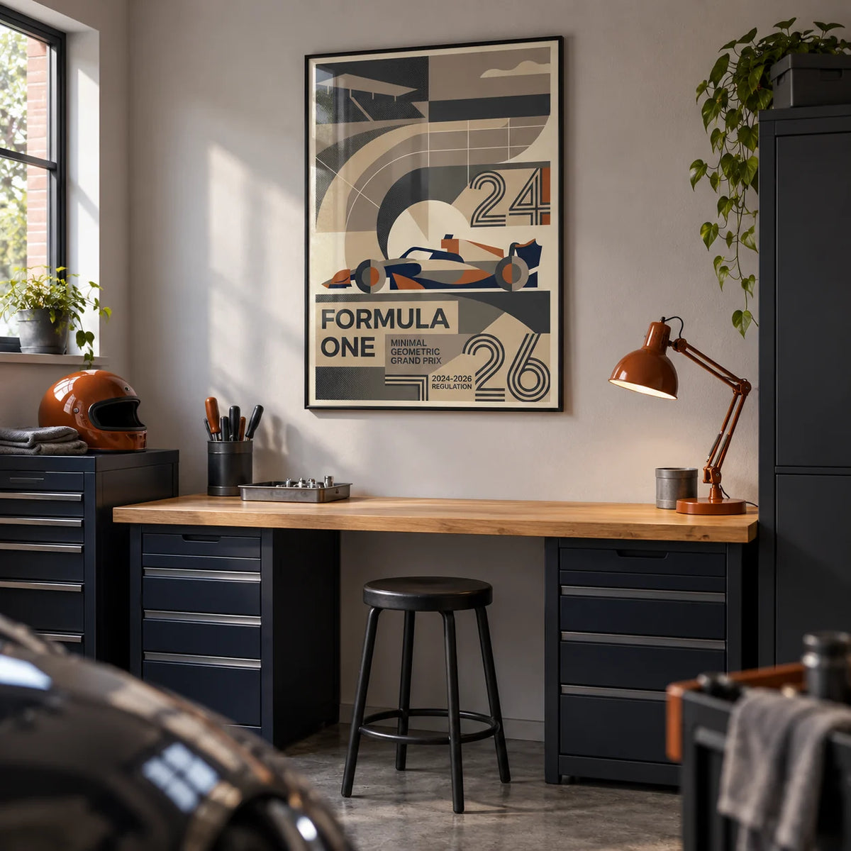 Minimal Geometric Racing Poster, framed on the wall of a tidy converted garage hobby room in a UK semi-detached home