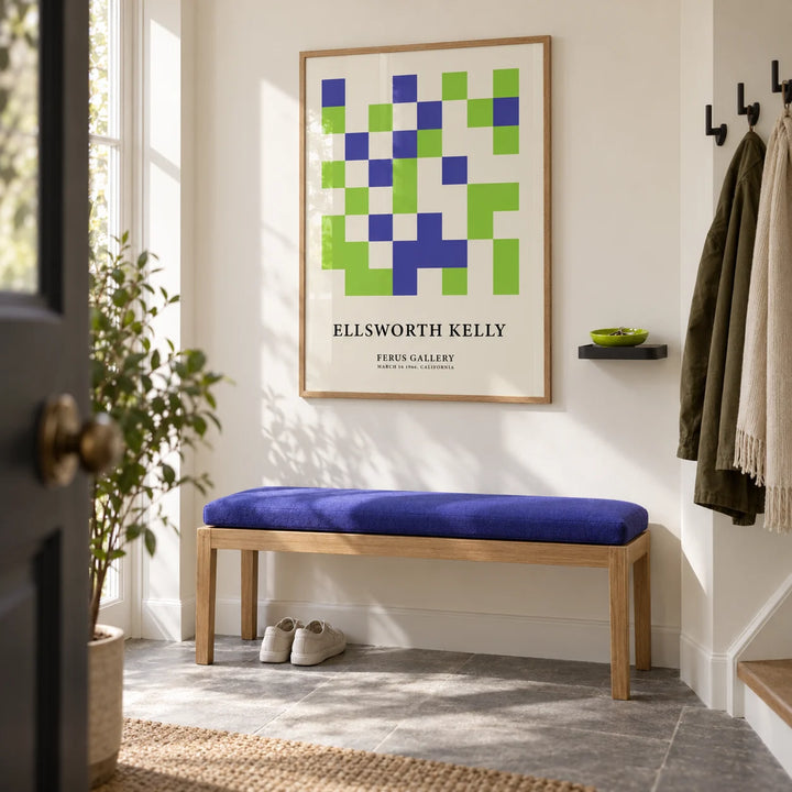 Minimal Wall Art, framed on the wall of a bright entrance hallway in a renovated UK maisonette with an ivory wall and simple grey stone floor