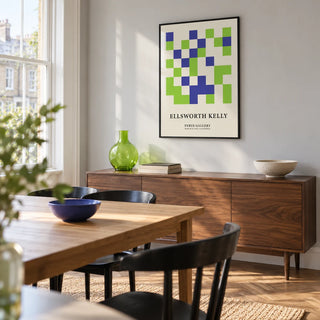 Minimal Wall Art, framed on the wall of a crisp modern dining room in a UK townhouse with a pale grey wall and a broad window
