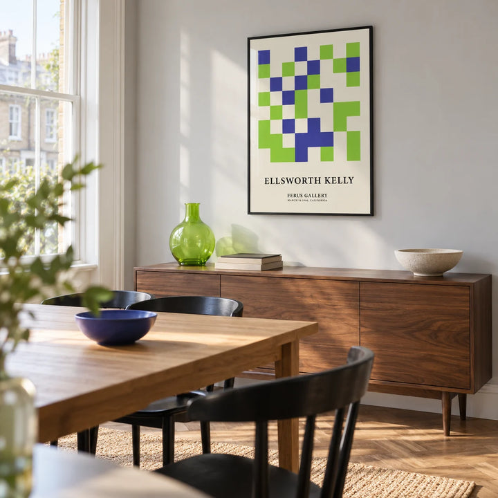 Minimal Wall Art, framed on the wall of a crisp modern dining room in a UK townhouse with a pale grey wall and a broad window