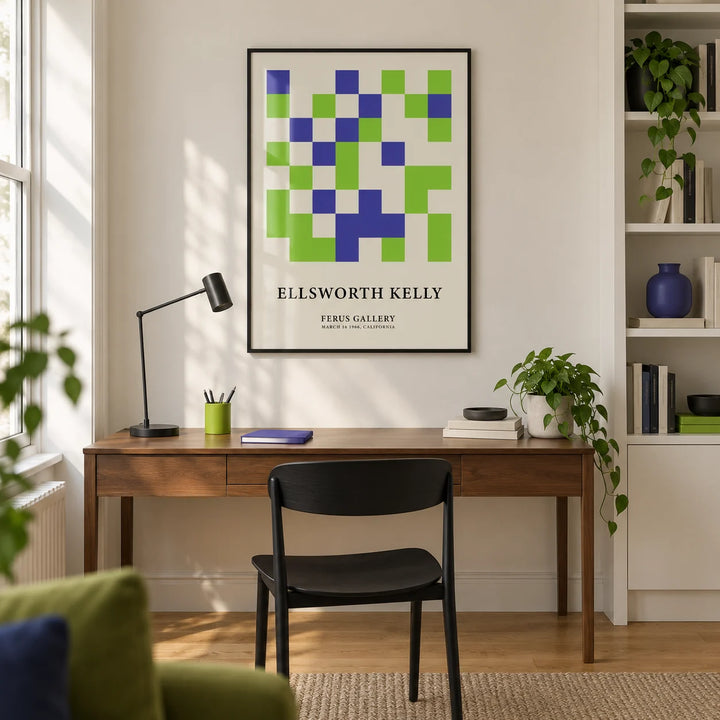 Minimal Wall Art, framed on the wall of a design-led home office in a UK city flat with an ivory wall and oak floor