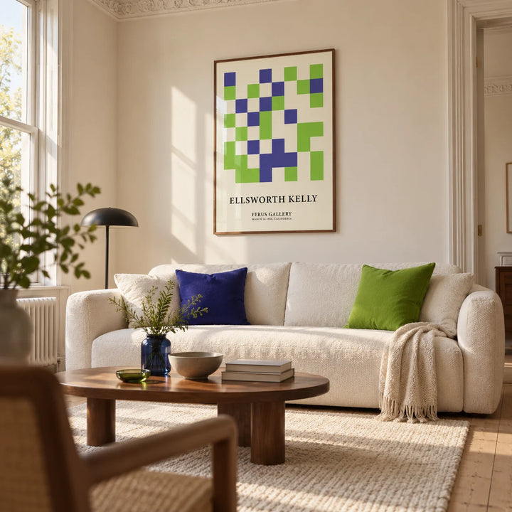 Minimal Wall Art, framed on the wall of a modern living room in a Victorian terrace with a warm white wall
