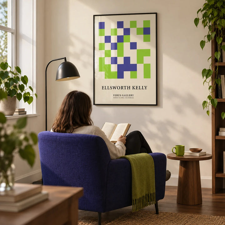 Minimal Wall Art, framed on the wall of a modern reading corner in a UK flat with a warm ivory wall and walnut floorboards in a living room