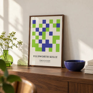 Minimal Wall Art, a small A4 framed print leaning on a walnut shelf in a living room