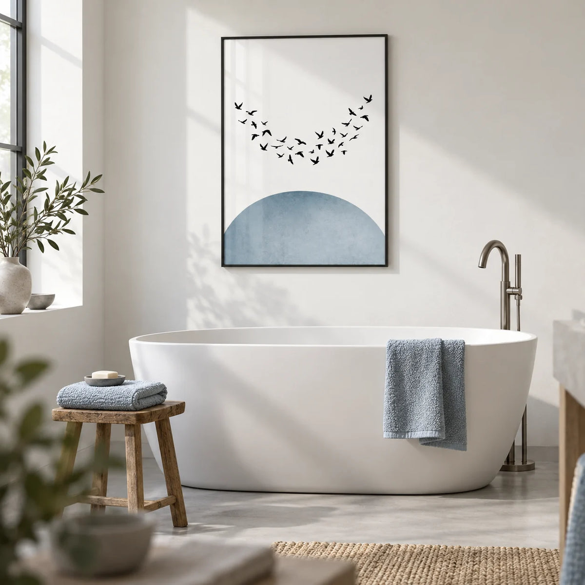 Minimal Wall Decor, framed on the wall of a calm bathroom with a white wall and a plain pale grey floor