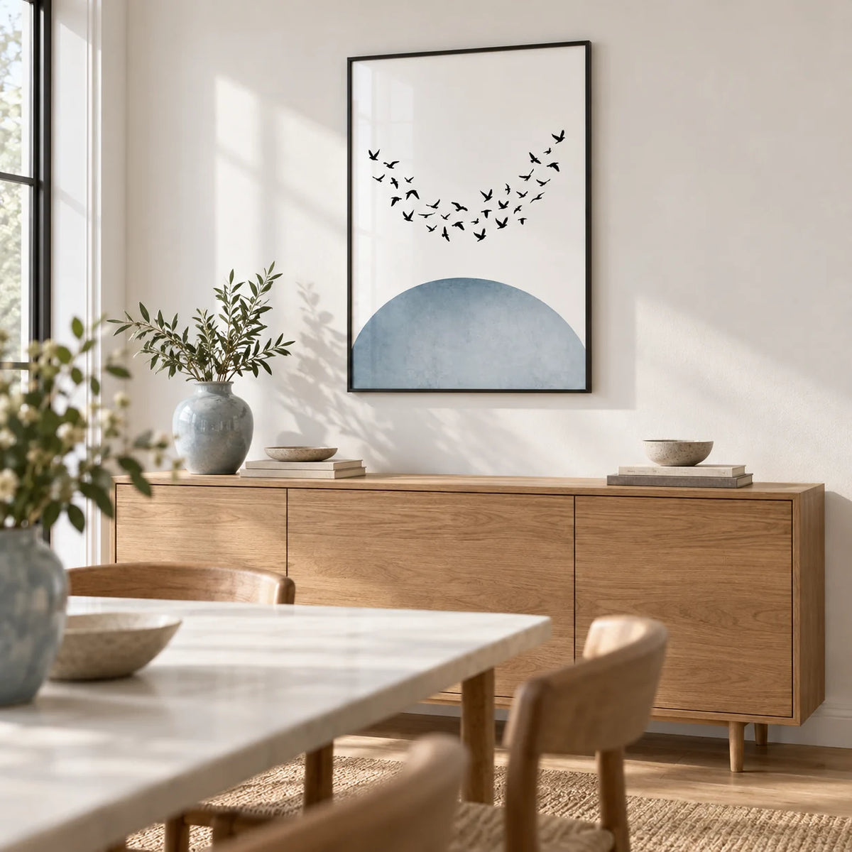 Minimal Wall Decor, framed on the wall of a calm dining room with a white wall