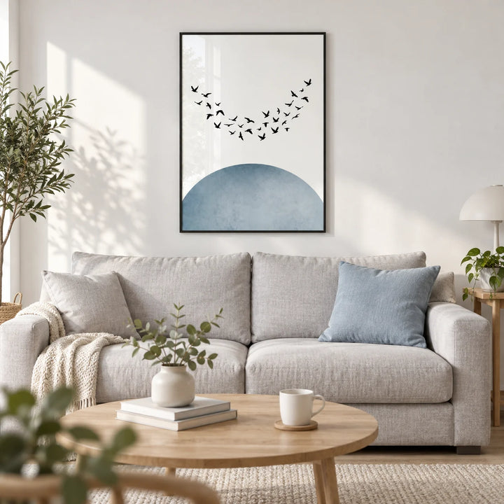 Minimal Wall Decor, framed on the wall of a calm Scandi living room with a white wall and a light oak floor