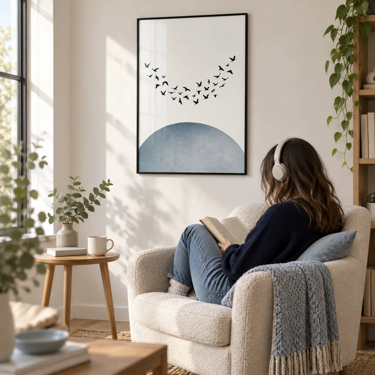 Minimal Wall Decor, framed on the wall of a quiet reading corner with a white wall by a window in a living room