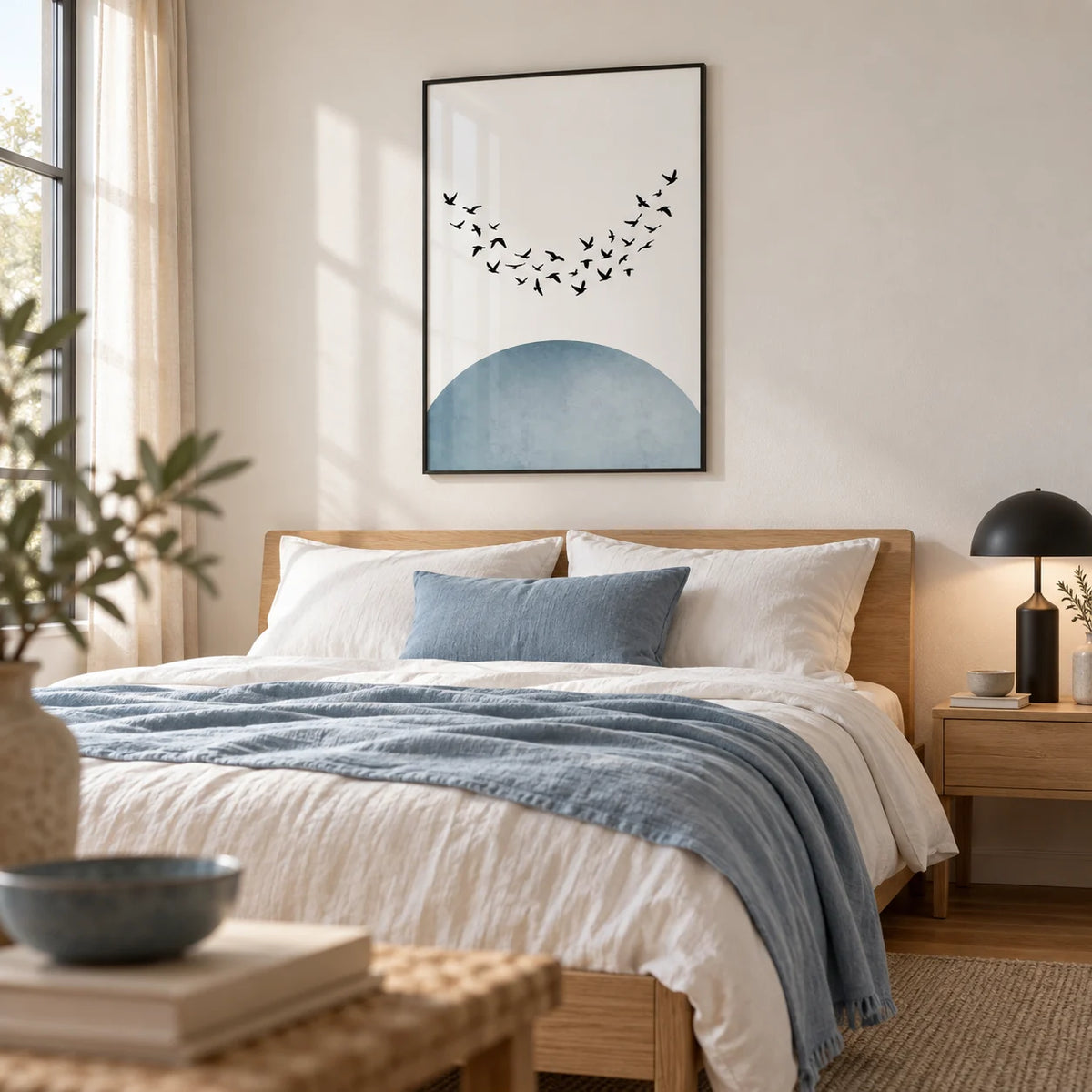 Minimal Wall Decor, framed on the wall of a serene bedroom with a soft white wall