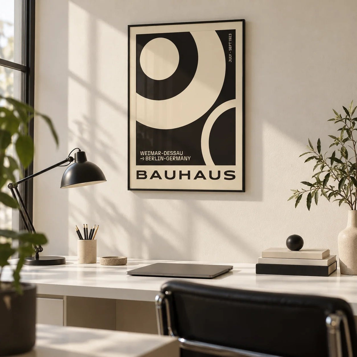 Minimalist Abstract Art Prints, framed on the wall of a design studio in a home office