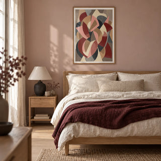 Minimalist Abstract Wall Art, framed on the wall of a calm modern bedroom with a muted blush painted wall and pale oak floor