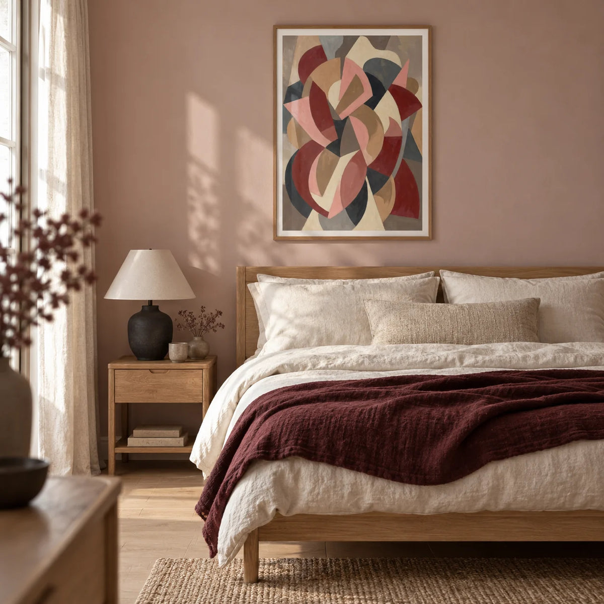 Minimalist Abstract Wall Art, framed on the wall of a calm modern bedroom with a muted blush painted wall and pale oak floor