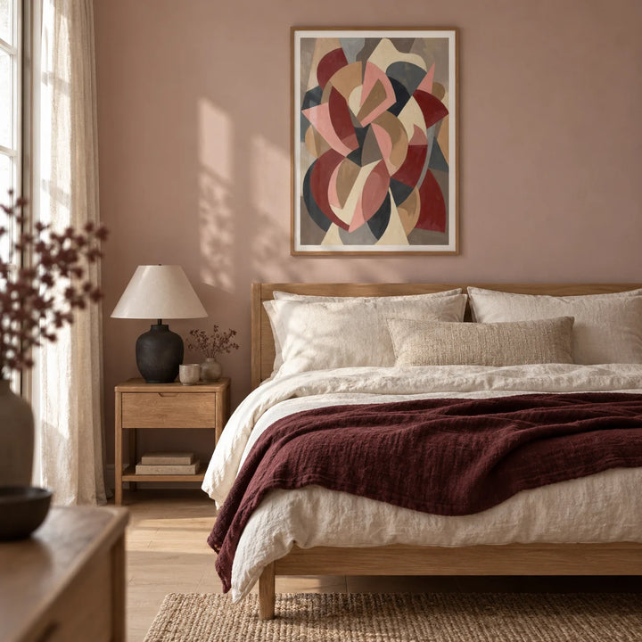 Minimalist Abstract Wall Art, framed on the wall of a calm modern bedroom with a muted blush painted wall and pale oak floor