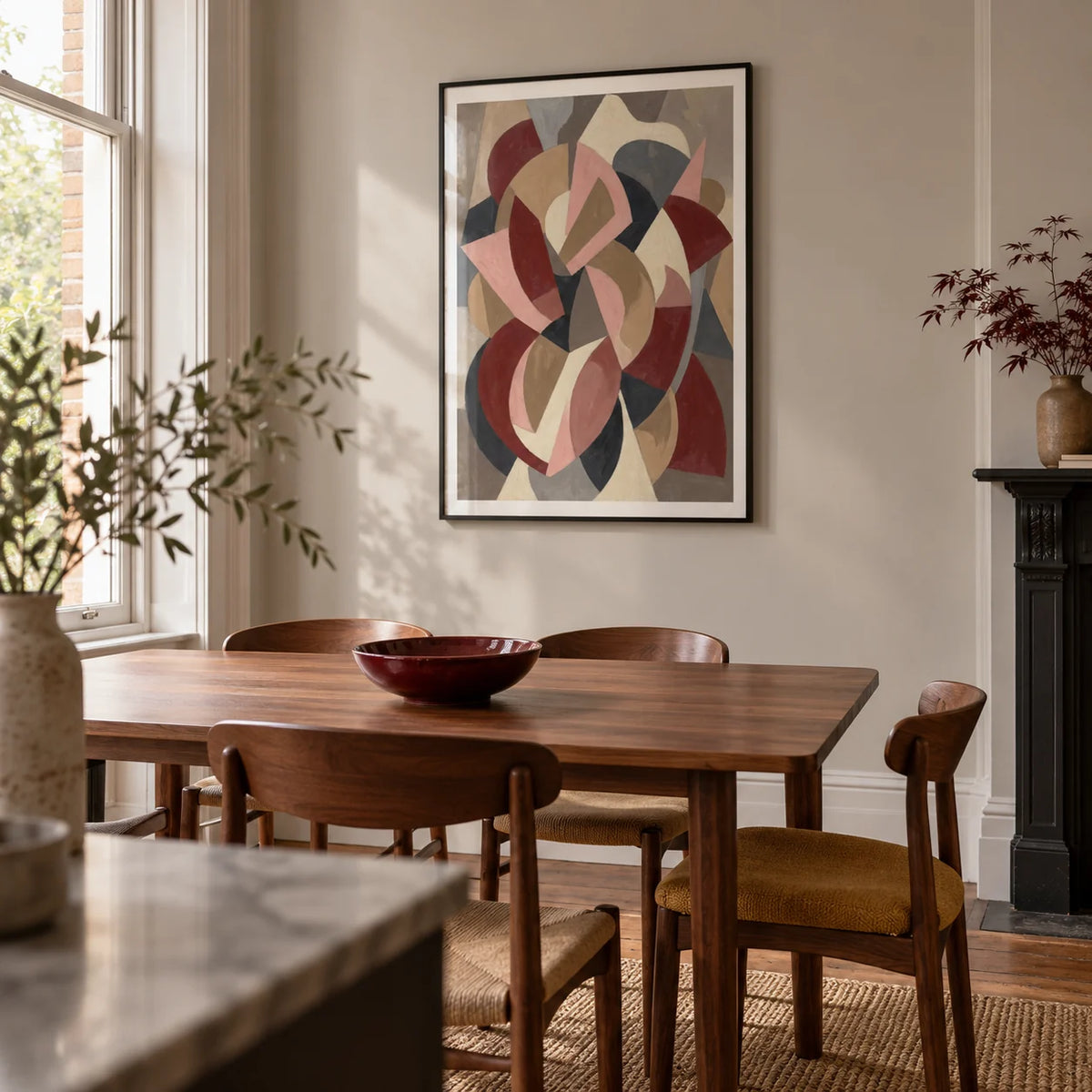 Minimalist Abstract Wall Art, framed on the wall of a compact contemporary dining room in a Victorian terrace with a pale warm grey wall