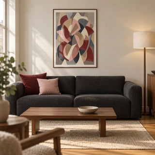 Minimalist Abstract Wall Art, framed on the wall of a modern living room in a UK city flat with warm white walls