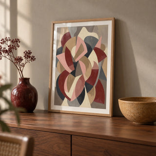 Minimalist Abstract Wall Art, a small A4 framed print leaning on a walnut sideboard in a living room