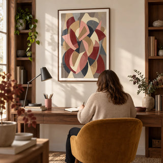 Minimalist Abstract Wall Art, framed on the wall of a small design-conscious home study with a warm white wall and built-in walnut shelving