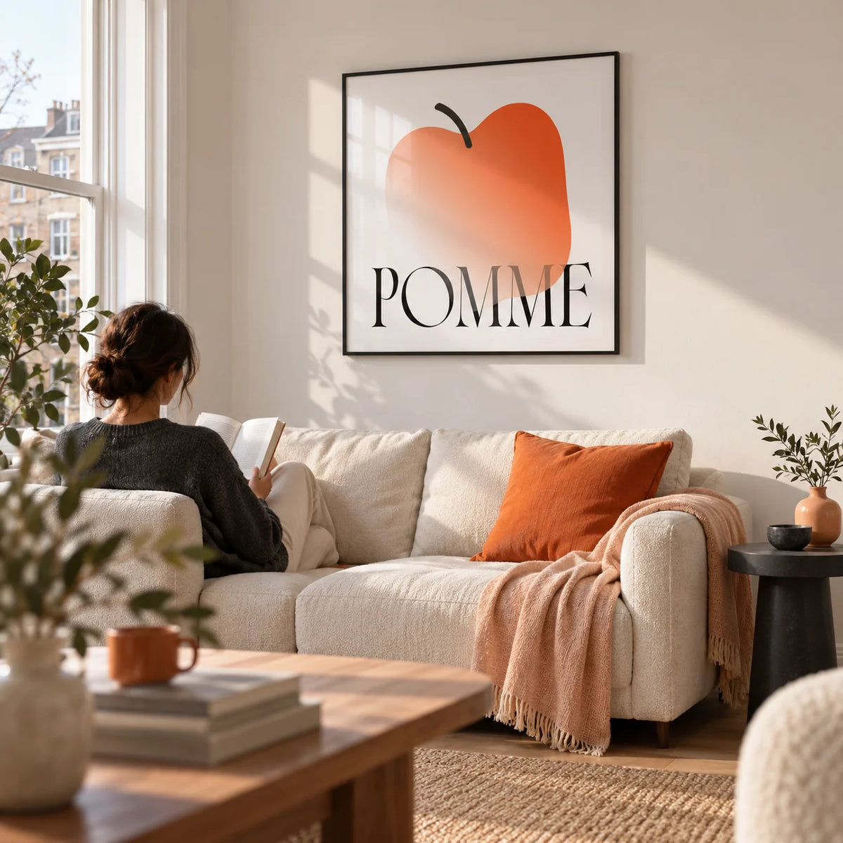 Minimalist Apple Art Print, framed on the wall of a bright modern living room in a UK city flat with white walls and a low cream sofa