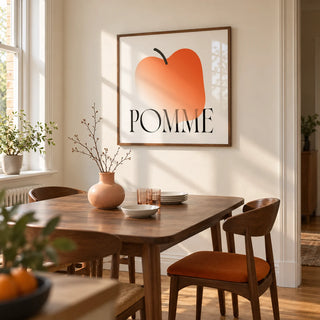 Minimalist Apple Art Print, framed on the wall of a compact dining room in a renovated UK terrace with warm white walls and oak floorboards