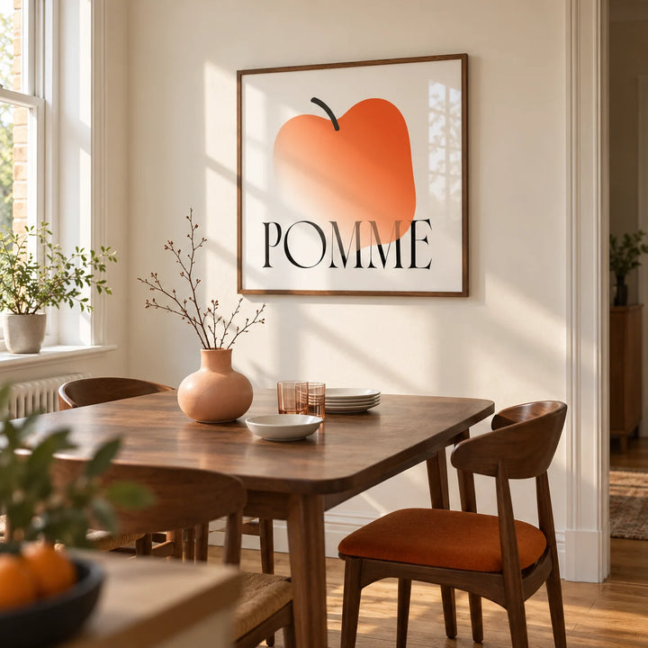 Minimalist Apple Art Print, framed on the wall of a compact dining room in a renovated UK terrace with warm white walls and oak floorboards