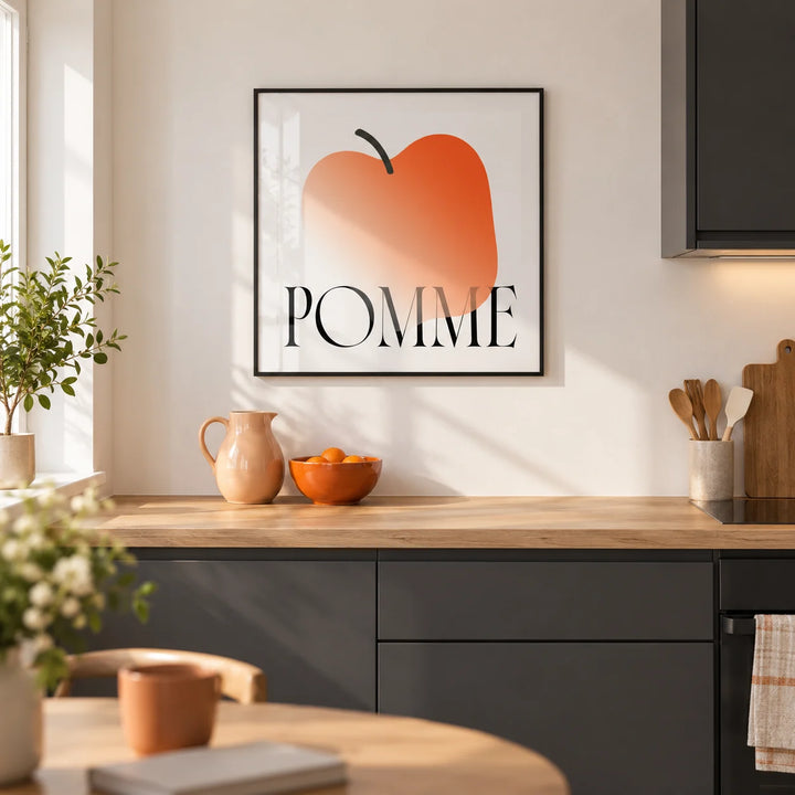 Minimalist Apple Art Print, framed on the wall of a modern kitchen in a UK first flat (22-28)