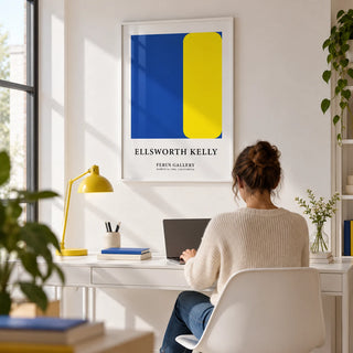 Minimalist Art Prints, framed on the wall of a crisp modern home office with a white wall
