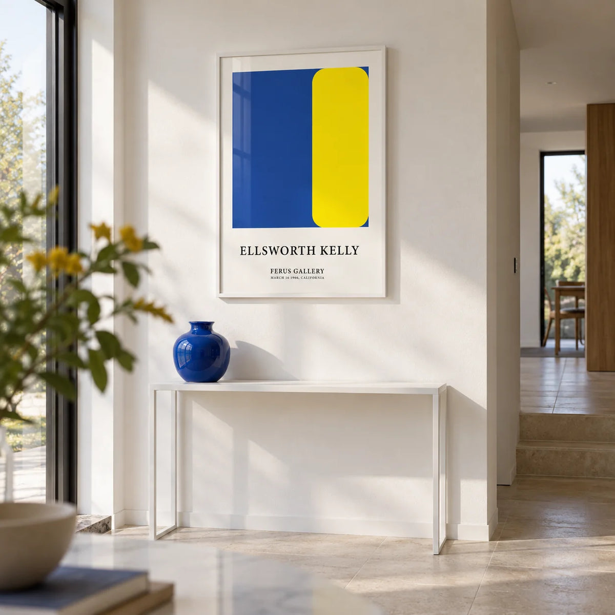 Minimalist Art Prints, framed on the wall of a gallery-like hallway with a white wall and a pale stone floor