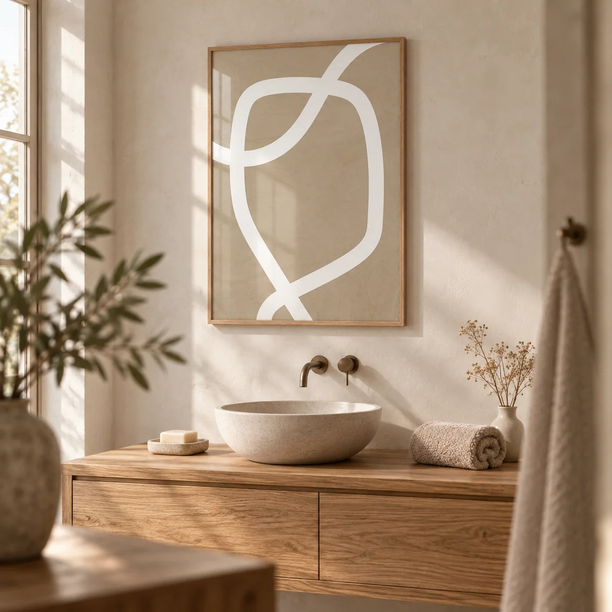 Minimalist Art Wall, framed on the wall of a calm bathroom with a warm white microcement wall