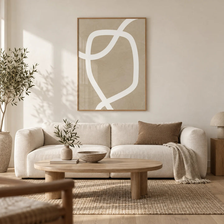 Minimalist Art Wall, framed on the wall of a calm Japandi living room with a warm white wall and a light oak floor