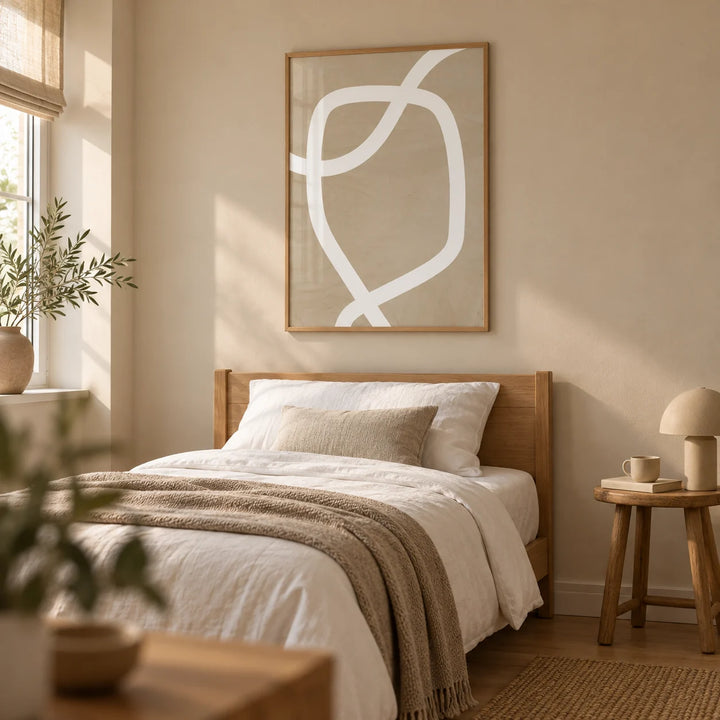 Minimalist Art Wall, framed on the wall of a calm single guest bedroom with a sand-coloured wall