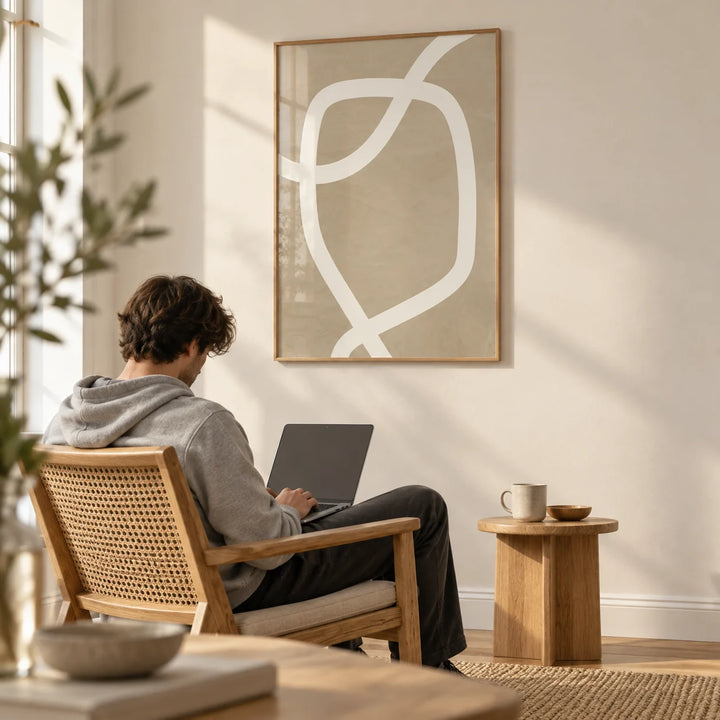 Minimalist Art Wall, framed on the wall of a quiet living room corner with a warm white wall